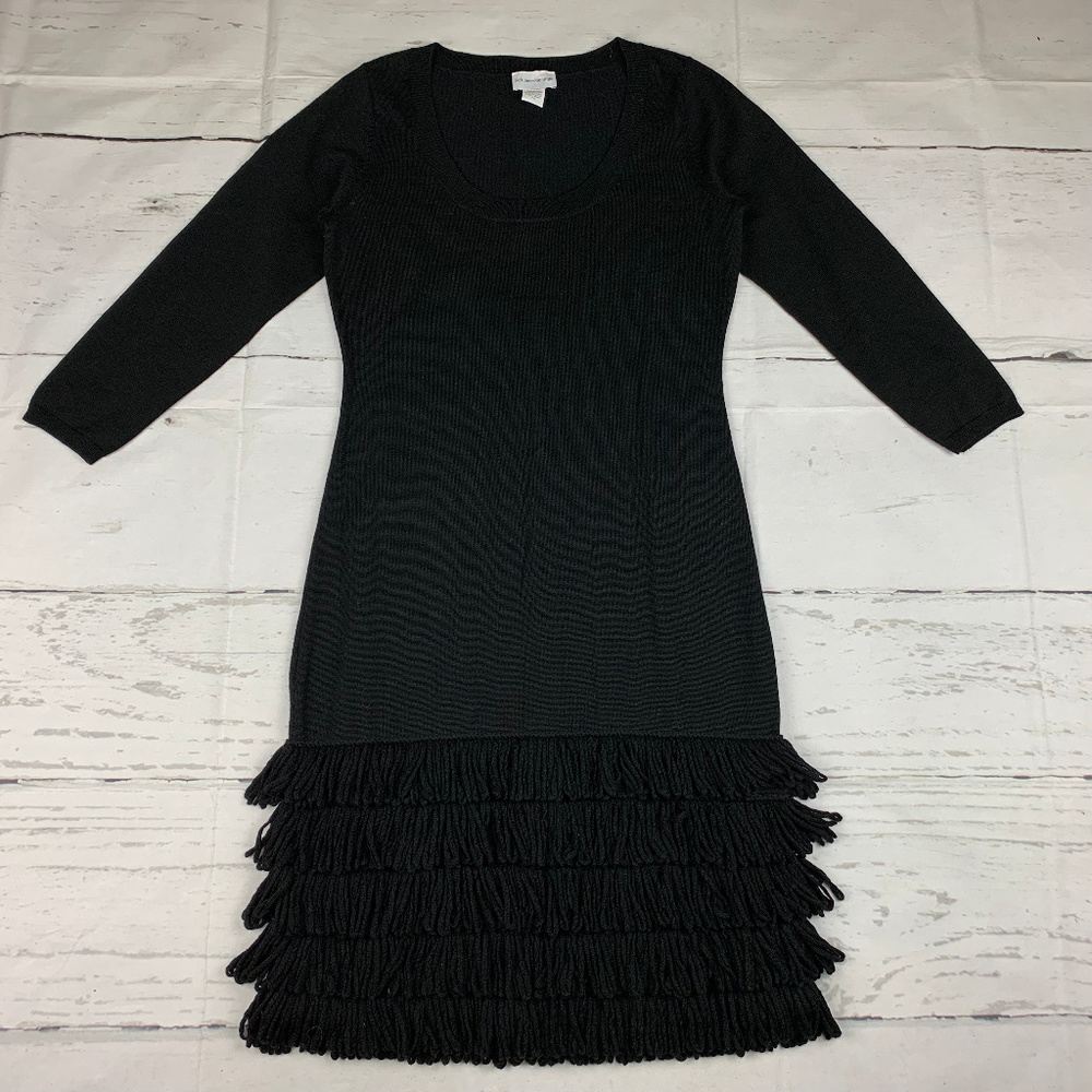 Soft Surroundings womens petite 4 Theodora black fringe wool blend sweater dress